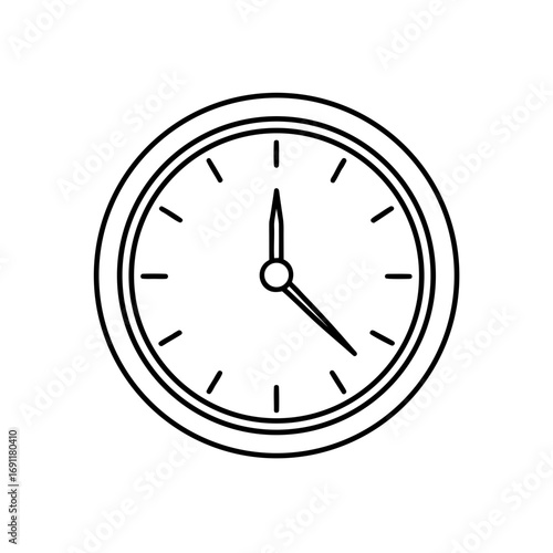 A simple outline drawing of a round clock with two hands showing the time with minute marks around edge on transparent background