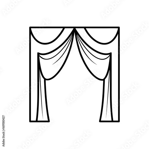 Illustration of a simple black and white curtain with folds and a rectangular frame around the top edge on transparent background