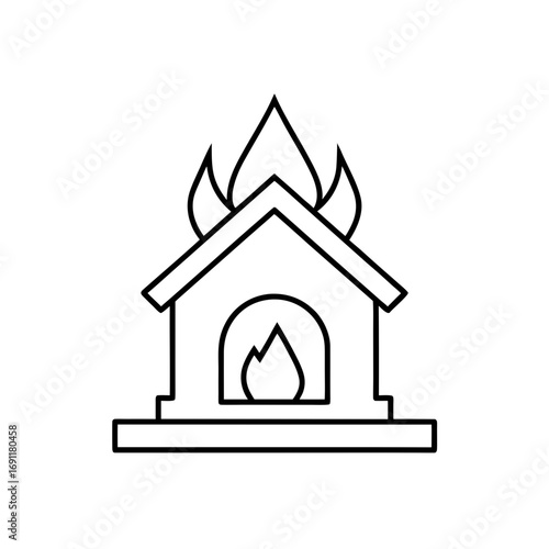 Illustration of a fireplace with a visible flame and additional flames rising above the structure outline on transparent background