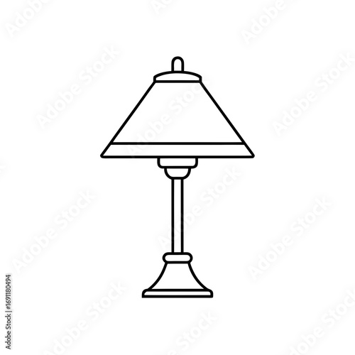 Illustration of a simple table lamp with a conical shade and a slender stand in a line drawing style on transparent background