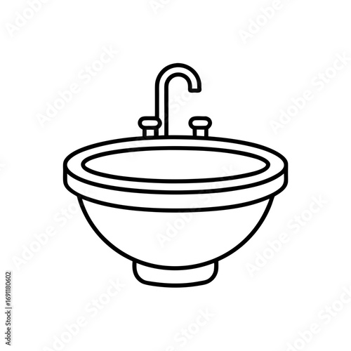 A simple line drawing of a bathroom sink with a faucet and two knobs on a white background design element on transparent background