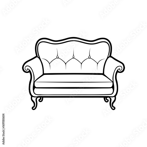 Illustration of a vintage style sofa with tufted back and curved armrests in black and white outline on transparent background