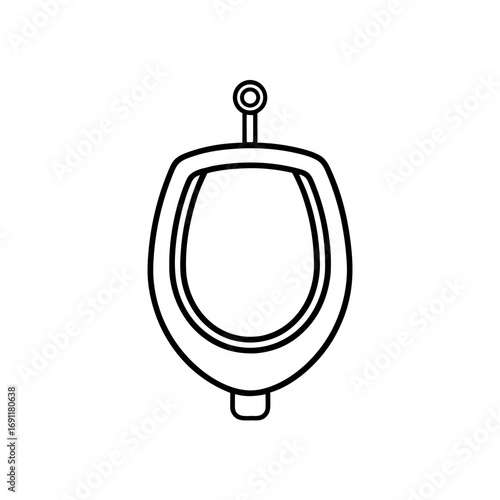 Outline drawing of a white ceramic urinal with a top spigot and a rounded bowl shape in a simple design on transparent background