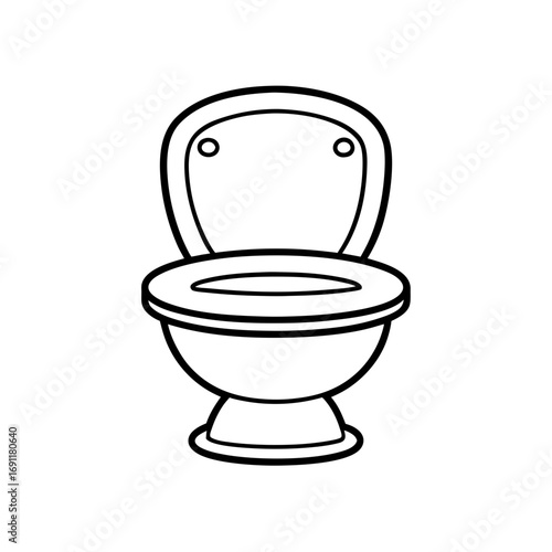 Illustration of a toilet with the seat up and the lid open in a simple black and white drawing style on transparent background