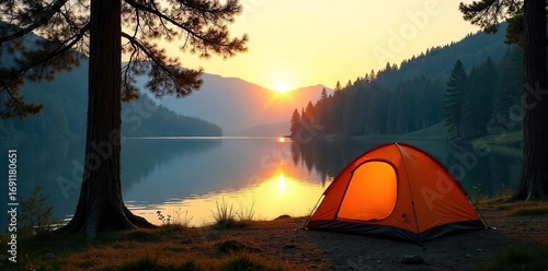 Serene lakeside camping scene at golden hour, featuring a tent nestled amongst towering trees and tranquil water Perfect for travel, adventure, and nature-themed projects , outdoors, wood, dusk