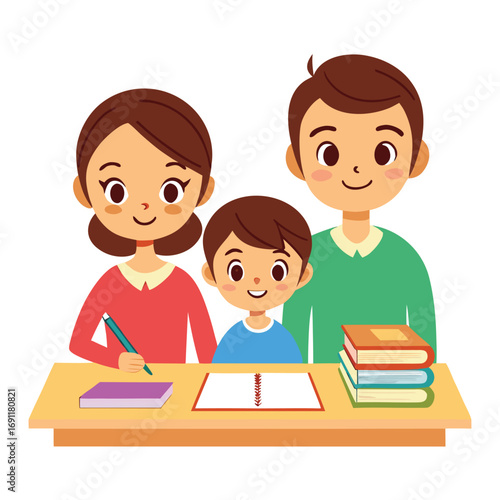 Happy Family Learning Together Parents Supporting Child's Education