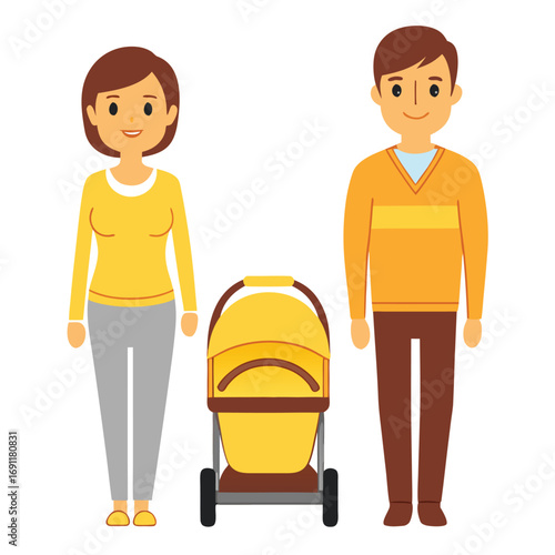 Happy family with baby stroller vector illustration on a white background