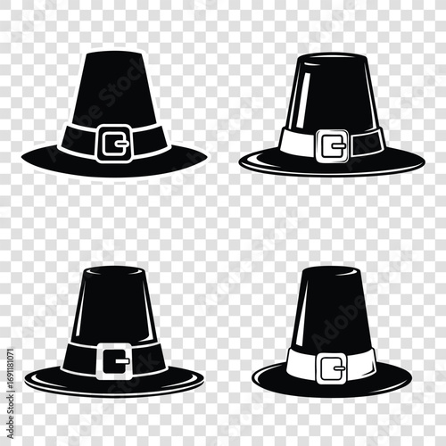 A vector illustration of an isolated collection of black hats, including fedoras and bowlers, for fashion and clothing accessories, a set of pilgrim hat icons, black and white minimalistic vector