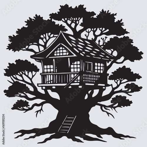 ancient tree house building silhouette vector art illustration, house in the woods