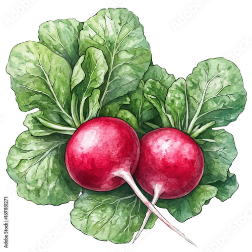 Radish, watercolor clipart vector, isolated on a white background.