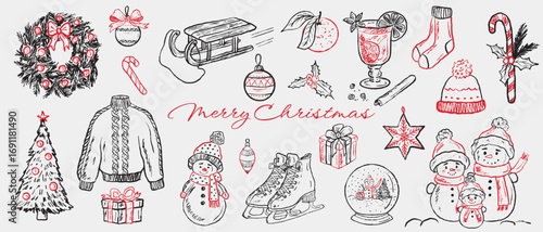 Hand drawn Merry Christmas brush stroke drawings. Vector sketch crayon illustrations. Winter symbols, Christmas tree, wreath, sled, snowman. Set of print designs, greeting card