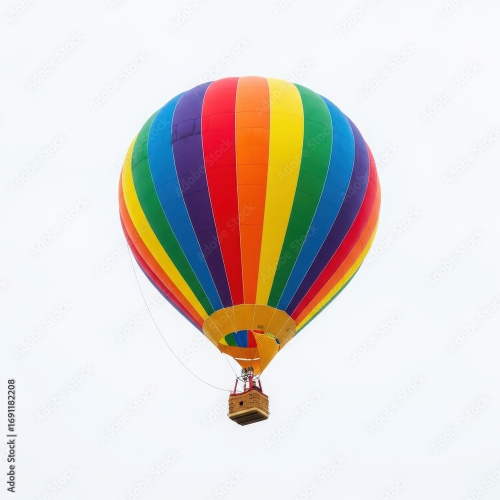 Obraz premium Vibrant rainbow hot air balloon ascending against a white sky