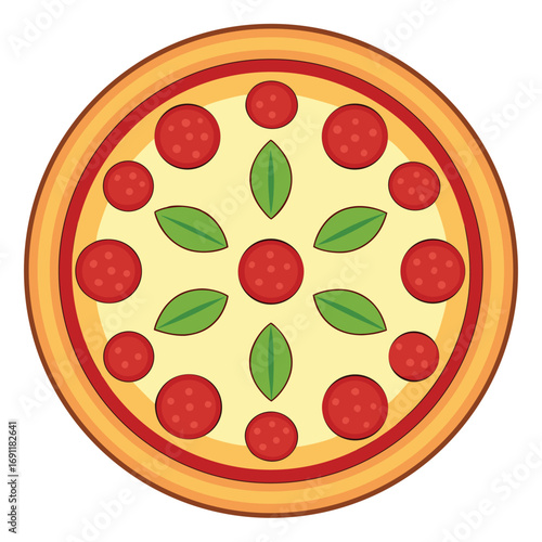 Delicious Cartoon Pizza with Pepperoni and Basil in a Fun Illustration