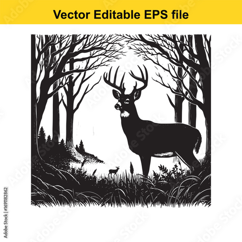 Majestic stag standing in a dark forest with bare trees and a fawn