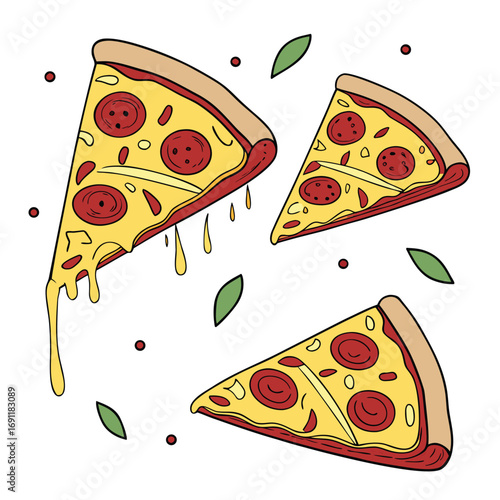 Delicious Pizza Slices with Pepperoni and Green Basil Leaves on White