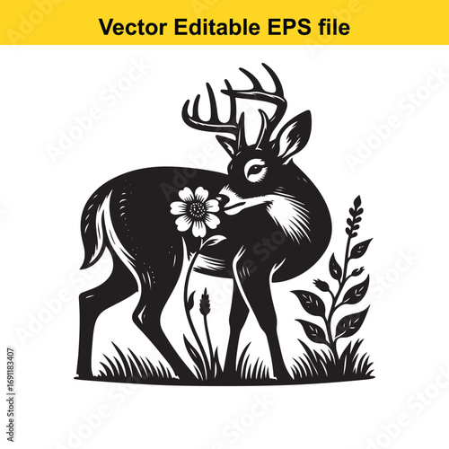 Black and white illustration of a deer with a flower, isolated on white background