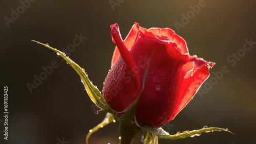 A close-up video of a single red rose swaying gently in the breeze with sunlight.