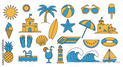 various summer and beach-themed cartoon icons, including a sandcastle, a lighthouse, a large wave, and a pineapple, all in a blue and yellow color scheme