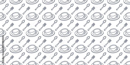 Seamless kitchen utensil pattern with plates, forks, spoons, and bowls, hand drawn line art background, modern repeating design for fabric, wallpaper, wrapping paper, and culinary decor.