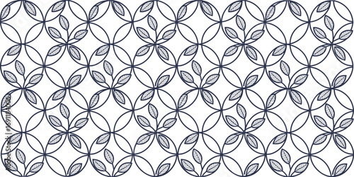 Seamless geometric leaf pattern with circular line art design, modern botanical background, elegant repeating outline motif for fabric, wallpaper, wrapping paper, and textile prints