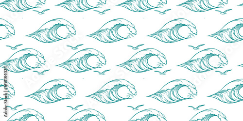 Seamless ocean wave pattern with flying seagulls, hand drawn marine line art background, nautical repeating design for fabric, wallpaper, wrapping paper, summer and beach decoration.