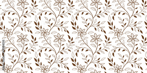 Seamless floral pattern with elegant brown flowers and leaves, decorative botanical line art background, vintage repeating design for fabric, wallpaper, wrapping, and textile prints.