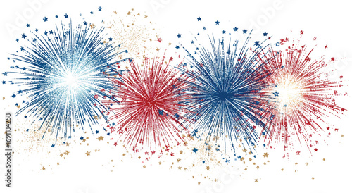 Festive red white and blue fireworks exploding with stars celebrating Independence day anniversary background