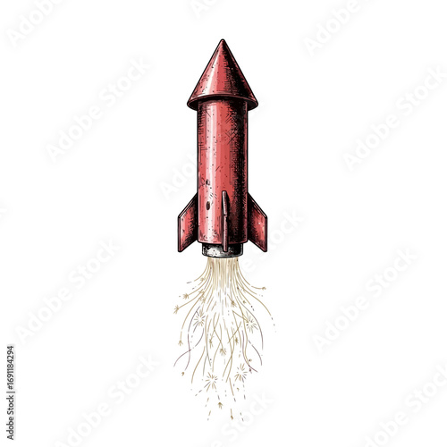 Hand-drawn illustration of a red firework rocket launching