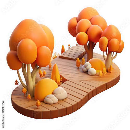 Whimsical autumn forest diorama with orange trees and cozy pathway scene transparent background