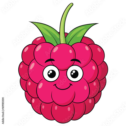 Cute Raspberry Cartoon with Smiling Face and Green Leaves