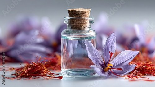 Fototapeta Naklejka Na Ścianę i Meble -  Saffron extract in a glass bottle with cork stopper and fresh saffron flower