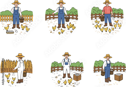 Cartoon farmer collecting eggs, feeding chickens, rural agriculture scene, countryside life, harvest time, poultry care, basket, farm illustration