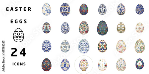 Decorative Easter eggs in various designs and colors, 24 icons Royal Worcester Style