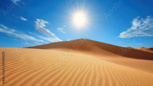 Sandy Desert Landscape with Clear Blue Sky and Bright Sunlight in Arid Environment