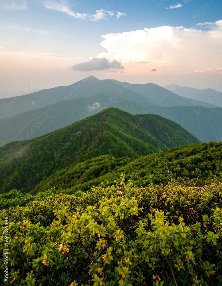 Fototapeta premium Mountainous landscape at sunset. Lush green hills