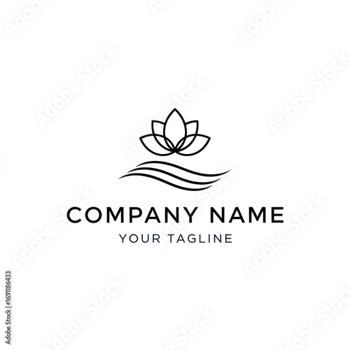 Minimalist line art logo featuring a blooming lotus flower above stylized wavy lines, with placeholder text for company name and tagline.