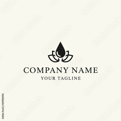Minimalist black lotus flower logo with a single drop, representing natural purity, wellness, and elegant brand identity.