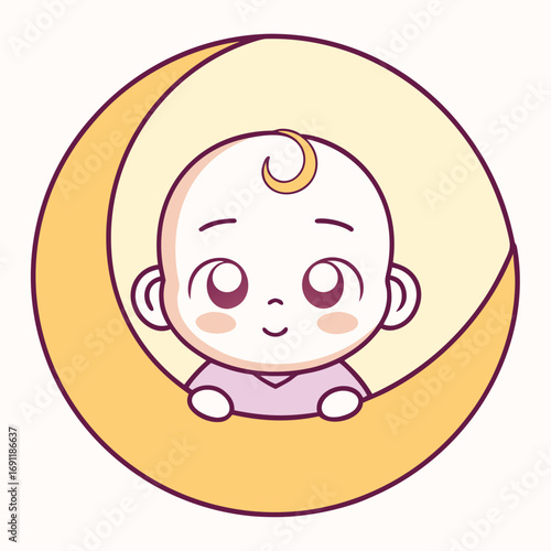 Cute cartoon baby resting on a gentle crescent moon at night