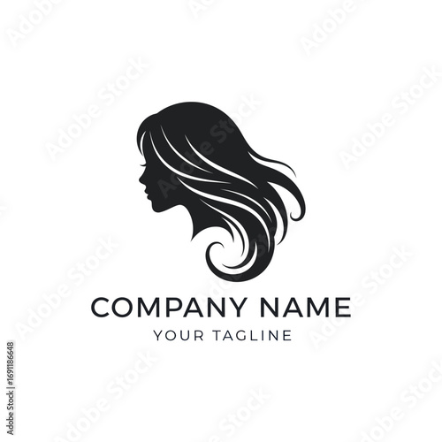 Silhouette of a woman with flowing hair, designed for a beauty business, with text.