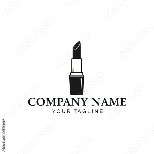 Black and white illustration of a lipstick tube with the company name and tagline below.