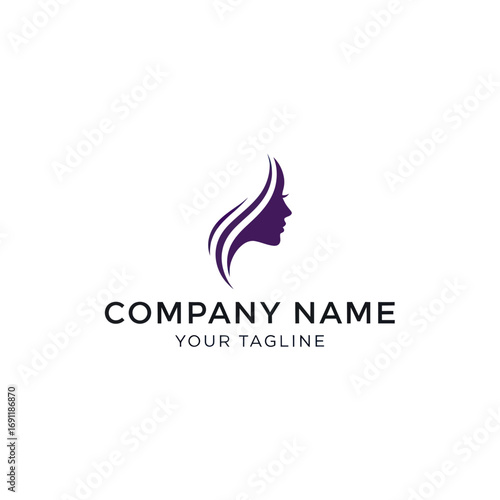 Elegant silhouette of a woman's profile, stylized hair, and company logo.