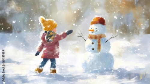 雪の中の雪だるまを作る赤いジャケットを着た子供と黄色の帽子 明るい日の暖かい雰囲気