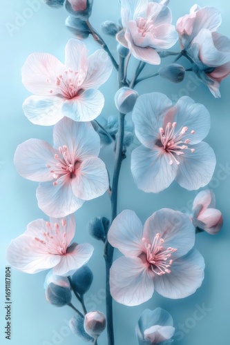 Delicate White Blossoms on Branch with Pink Accents Against Soft Blue Background