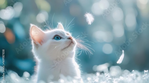 White Kitten Looking Up at Falling Feathers in a Bright Sunny Outdoor Setting with Soft Bokeh