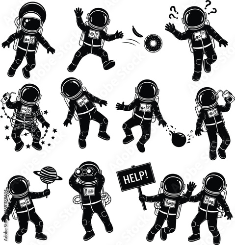Funny astronaut silhouettes – playful space explorers in comical poses with planets, signs, and zero-gravity antics in black and white