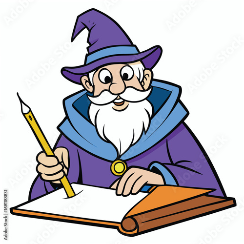 Cartoon wizard in purple robe writing in a book with orange accents on white background Keywords: wizard