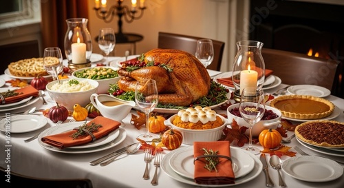 Thanksgiving dinner table with turkey, side dishes, and desserts.