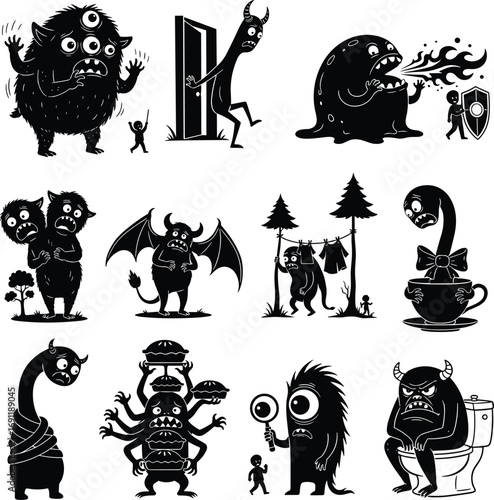 Funny cartoon monster silhouettes – quirky creatures in humorous poses with wings, multiple eyes, fire-breathing, and silly antics