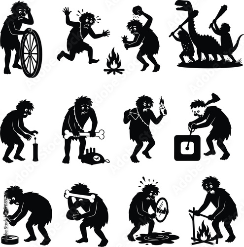 Funny caveman silhouettes discovering inventions, fire, wheel, and tools, engaging in prehistoric activities with dinosaurs in black vector style.