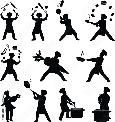 Funny chef silhouette vector set – humorous cooking actions, juggling utensils, tossing pans, and comedic kitchen chaos in black and white